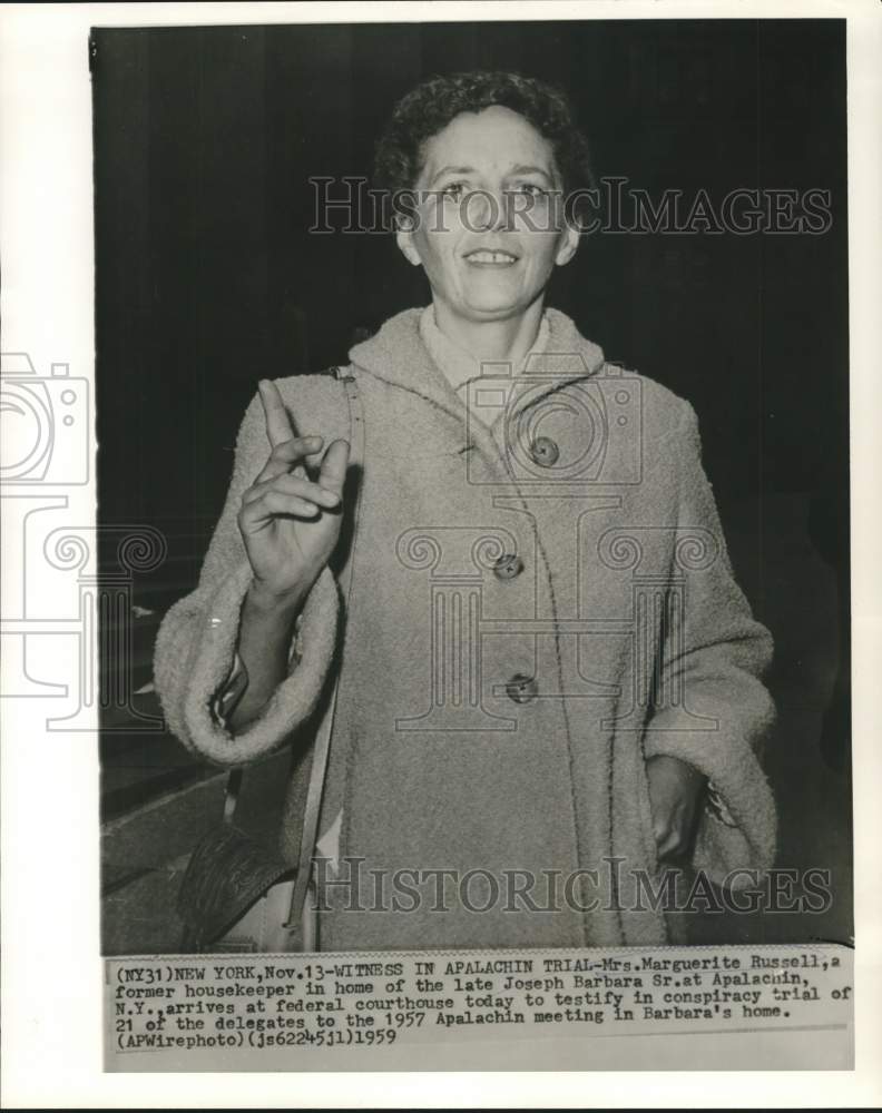 Load image into Gallery viewer, 1959 Press Photo Marguerite Russell testifies at Apalachin trial in New York
