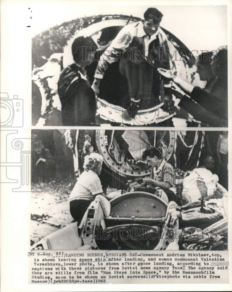 Load image into Gallery viewer, 1965 Press Photo Landing scenes by Cosmonauts Nikolayev and Tereshkova
