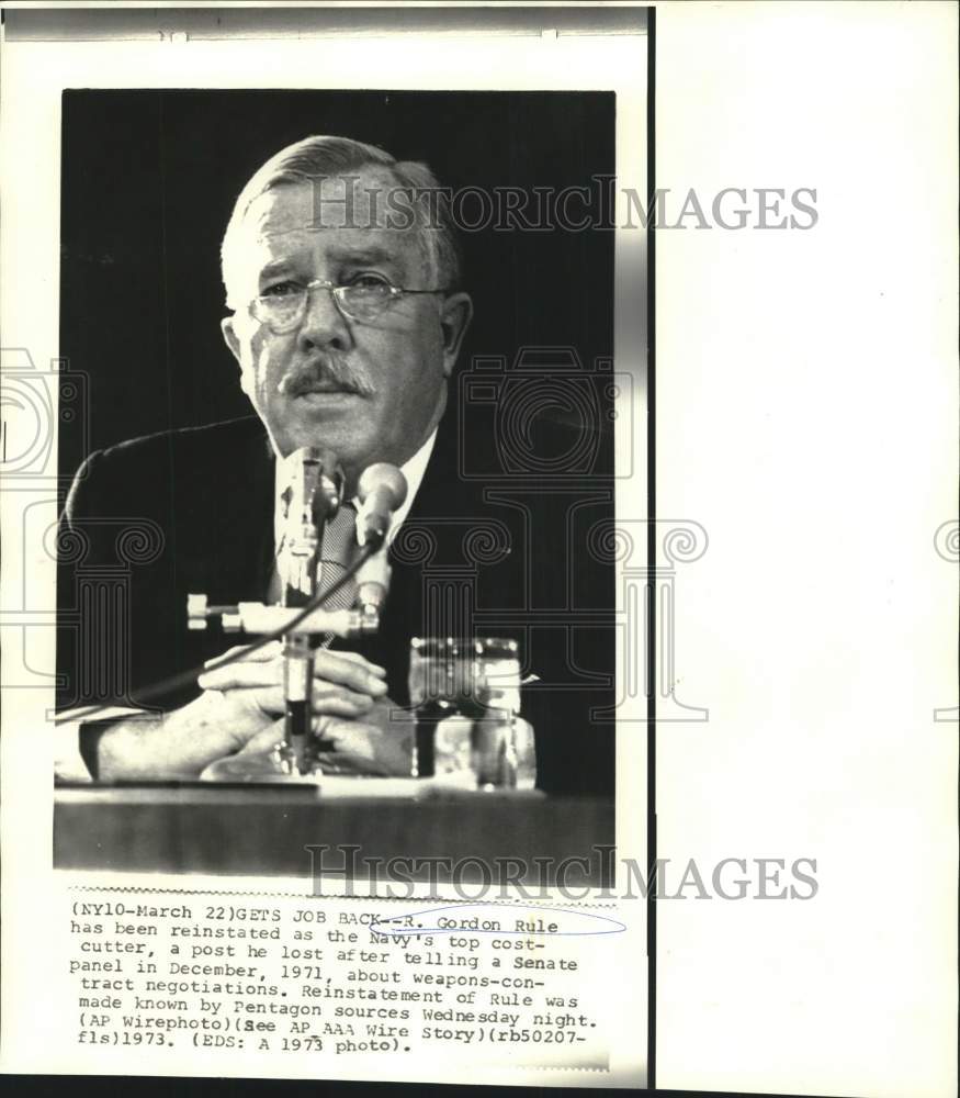 1973 Press Photo Navy's Top Cost-Cutter, R. Gordon Rule, Reinstated - now39290