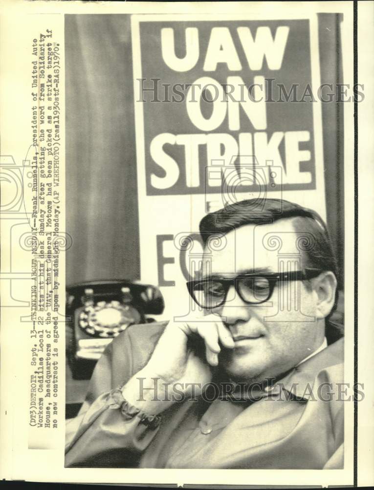 Load image into Gallery viewer, 1970 Press Photo United Auto Workers Pres. Frank Runnelis at his desk in Detroit
