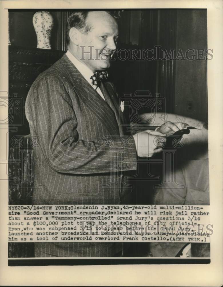 1949 Press Photo Millionaire Clendenin Ryan appears before a Grand Jury, NY