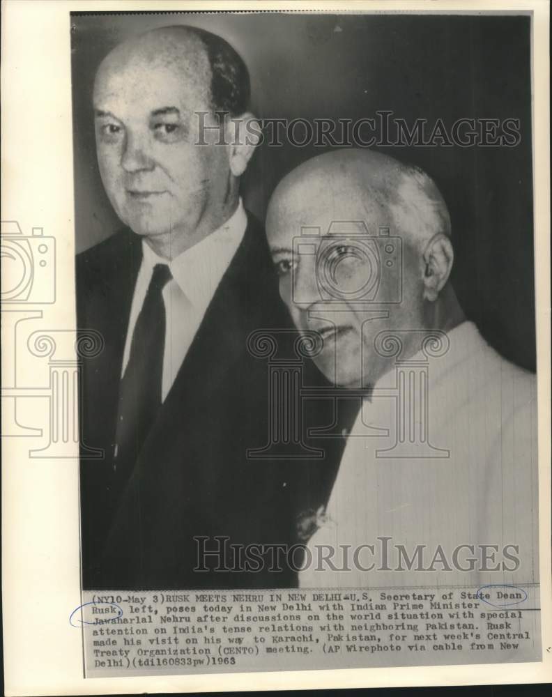 1963 Press Photo State Secretary Dean Rusk and India&#39;s Nehru meet in New Delhi