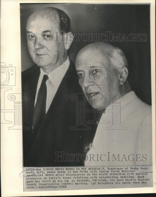 1963 Press Photo State Secretary Dean Rusk and India's Nehru meet in New Delhi