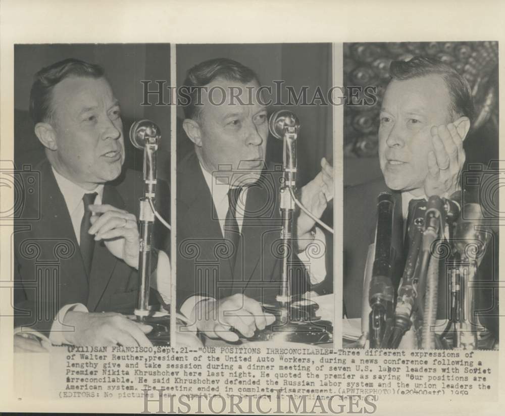 1959 Press Photo UAW President Walter Reuther during California news conference