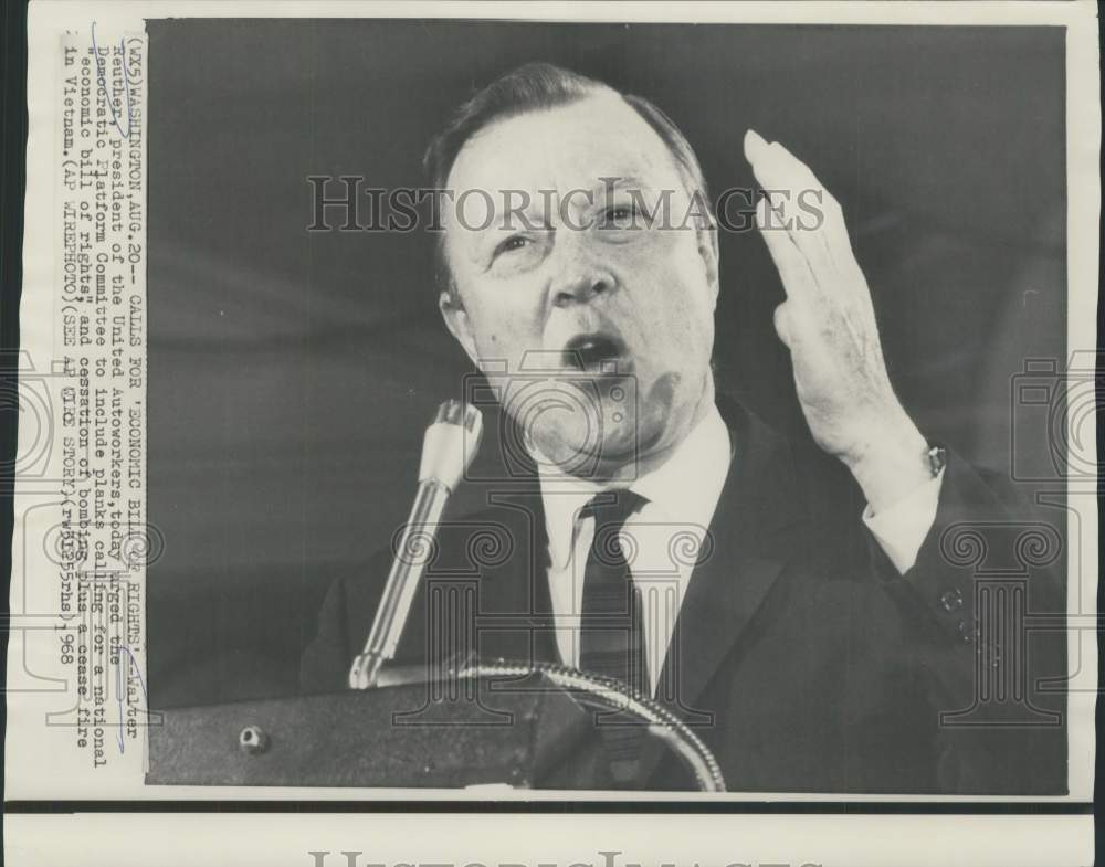1968 Press Photo UAW President Walter Reuther speaks at Platform Committee