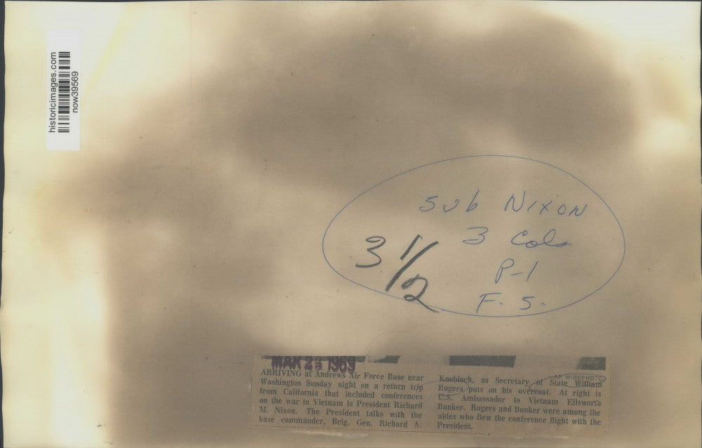 1969 Press Photo William Rogers, NIxon and Bunker greeted by Andrews AFB General