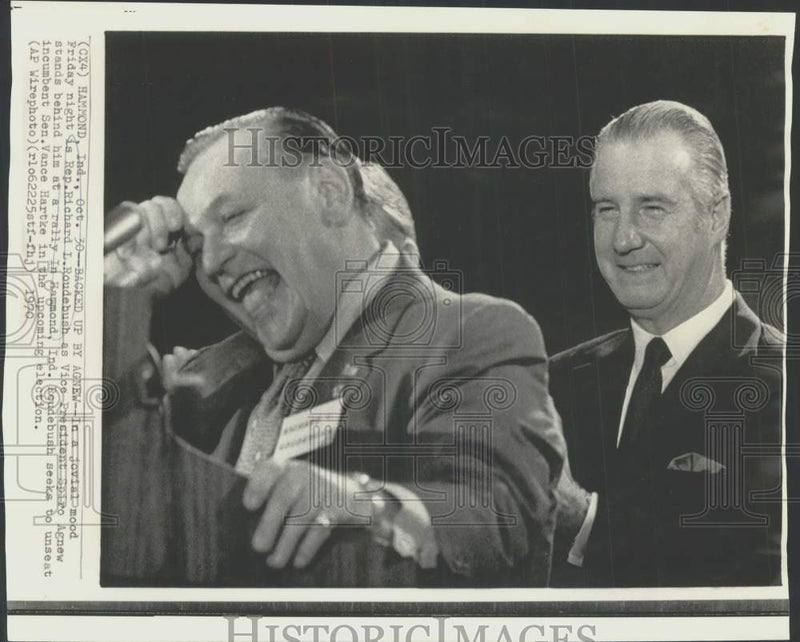 Load image into Gallery viewer, 1970 Press Photo Rep. Richard Roudebush, V.P. Spiro Agnew at a rally in Indiana
