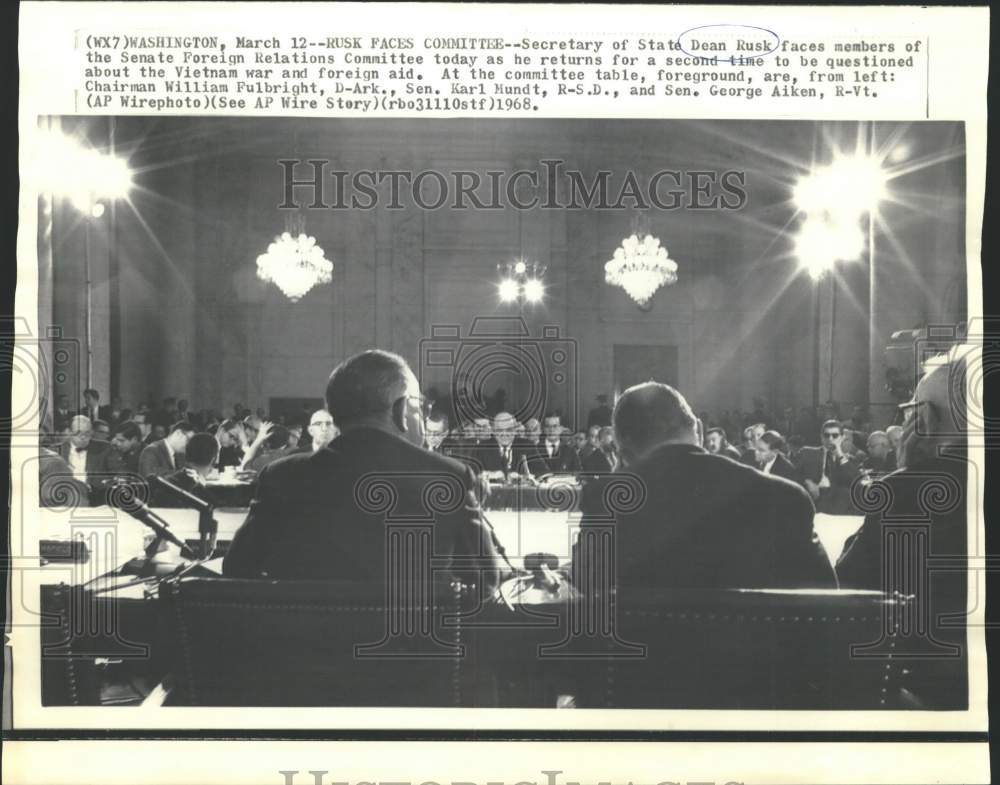 1968 Press Photo Dean Rusk meets with the Foreign Relations Committee, Wash.