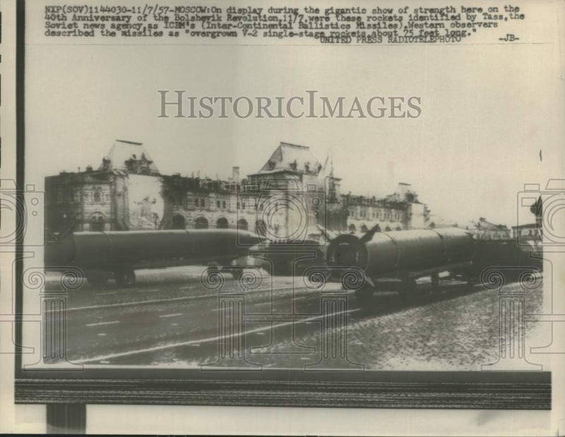 Load image into Gallery viewer, 1957 Press Photo Revolution Anniversary Parade Displays Soviet Weaponry, Moscow

