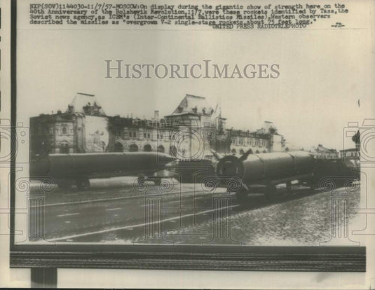 1957 Press Photo Revolution Anniversary Parade Displays Soviet Weaponry, Moscow