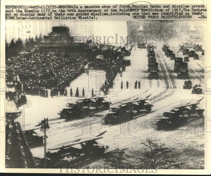 Load image into Gallery viewer, 1957 Press Photo Soviet Might Passes Kremlin in Revolution Celebratory Parade
