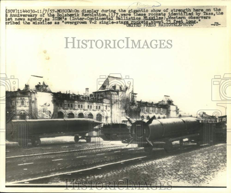 Load image into Gallery viewer, 1957 Press Photo Soviet Rockets in Revolution Celebration Parade, Moscow
