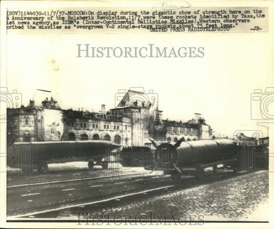 1957 Press Photo Soviet Rockets in Revolution Celebration Parade, Moscow