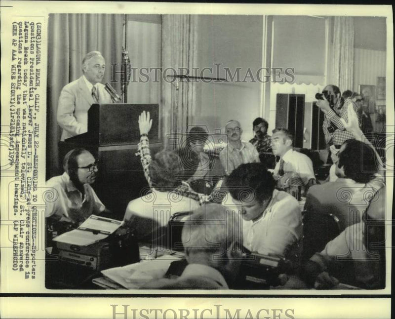 Load image into Gallery viewer, 1974 Press Photo Reporters question Presidential lawyer James D. St. Clair, CA.
