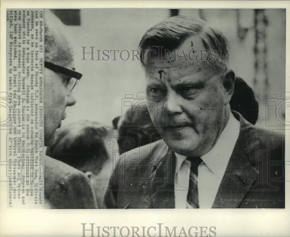 1965 Press Photo U.S. Ambassador Johnson inspects embassy damage, Vietnam