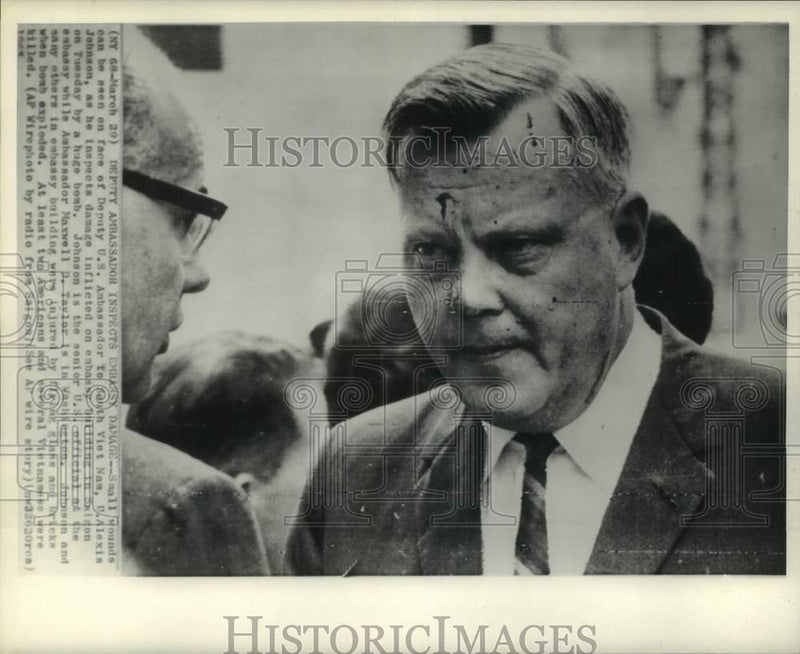 Load image into Gallery viewer, 1965 Press Photo U.S. Ambassador Johnson inspects embassy damage, Vietnam
