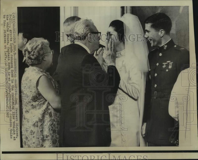 Load image into Gallery viewer, 1967 Press Photo Senator Everett Dirksen at Lynda Johnson Wedding Receiving Line
