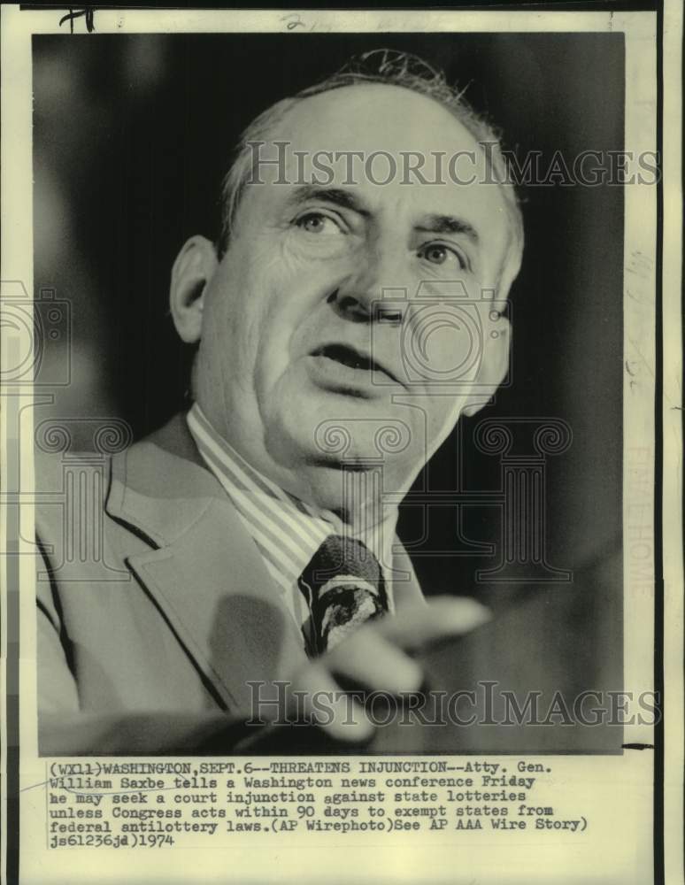 1974 Press Photo Attorney General William Saxbe Talks State Lottery Injunction