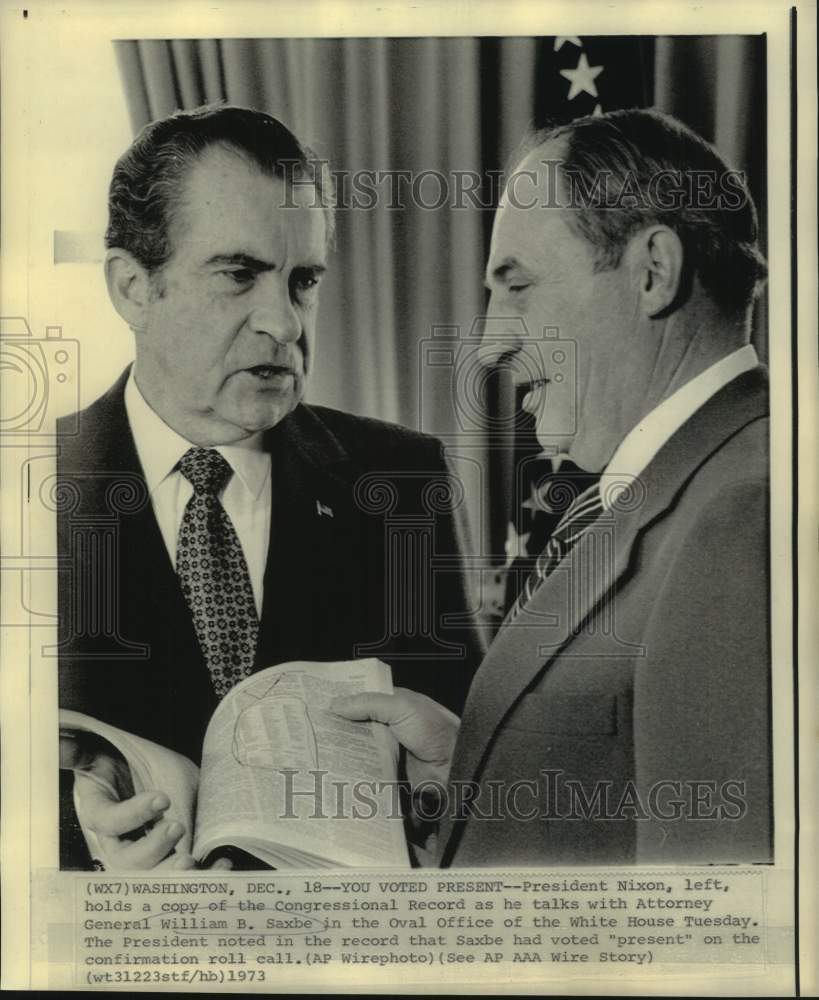 1973 Press Photo President Nixon with Attorney General William Saxbe, Washington