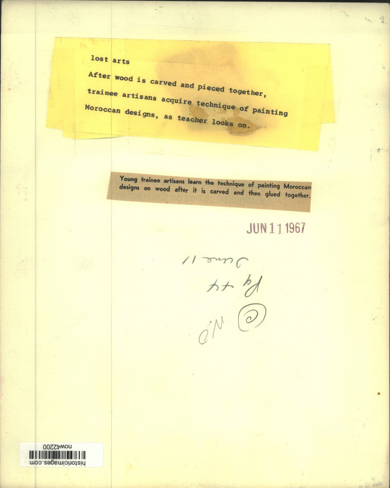 1967 Press Photo Trainee Artisans Learn Wood Carving, Painting, Morocco