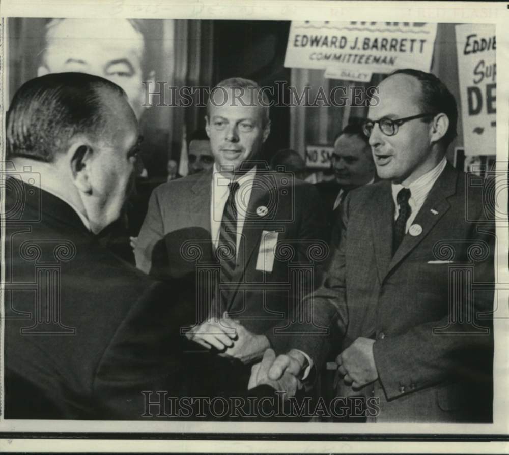 1968 Press Photo Chicago Mayor Daley shakes hand of Adlai Stevenson III