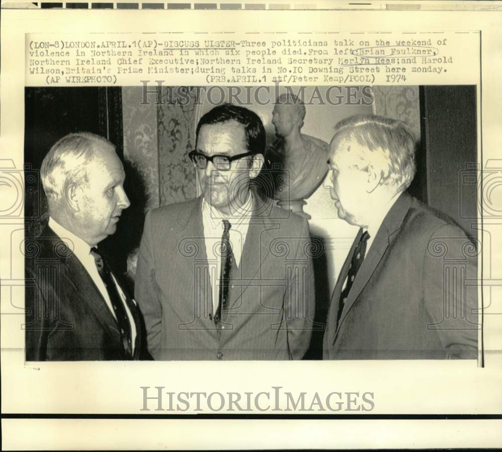 1974 Press Photo Brian Faulkner, Merlyn Rees and Harold Wilson in London