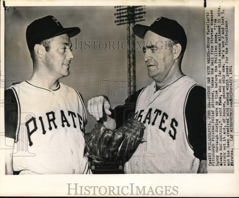 1961 Press Photo Elroy Face &amp; Danny Murtaugh, Pittsburgh Pirates baseball team- Historic Images