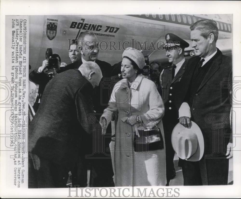 1963 Press Photo Ludwig Erhard greets Lady Bird Johnson at Bergstrom AFB, Texas