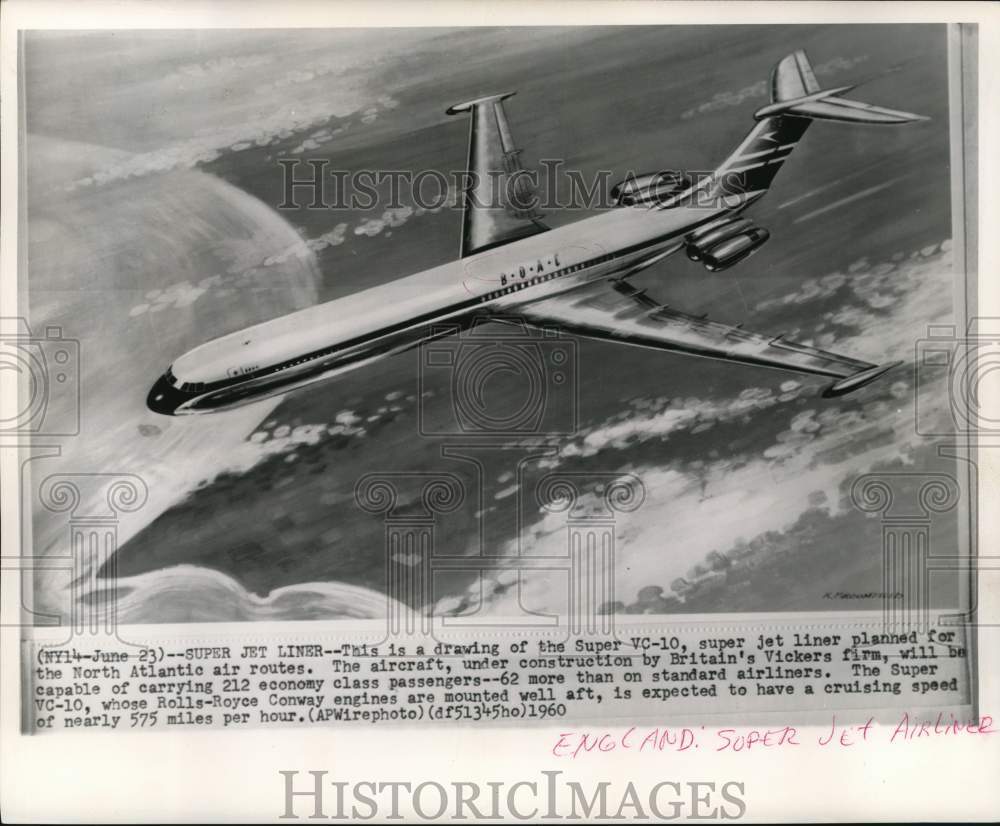 1960 Press Photo Drawing of Vickers Super VC-10 under construction in Britain.