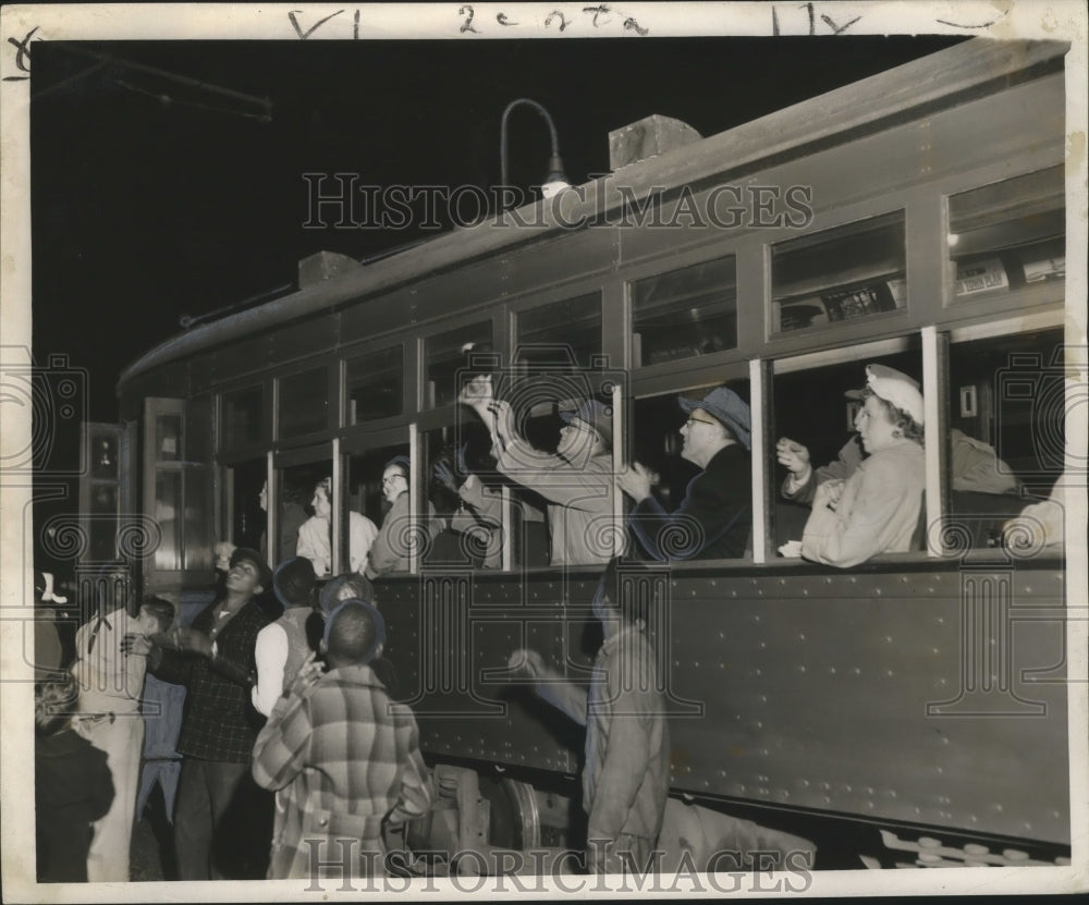 1956 Press Photo Streetcar Passengers and Pedestrians - nox00617- Historic Images