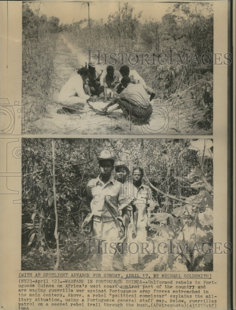 1966 Press Photo Uniformed rebels in Portuguese Guinea and political commissar