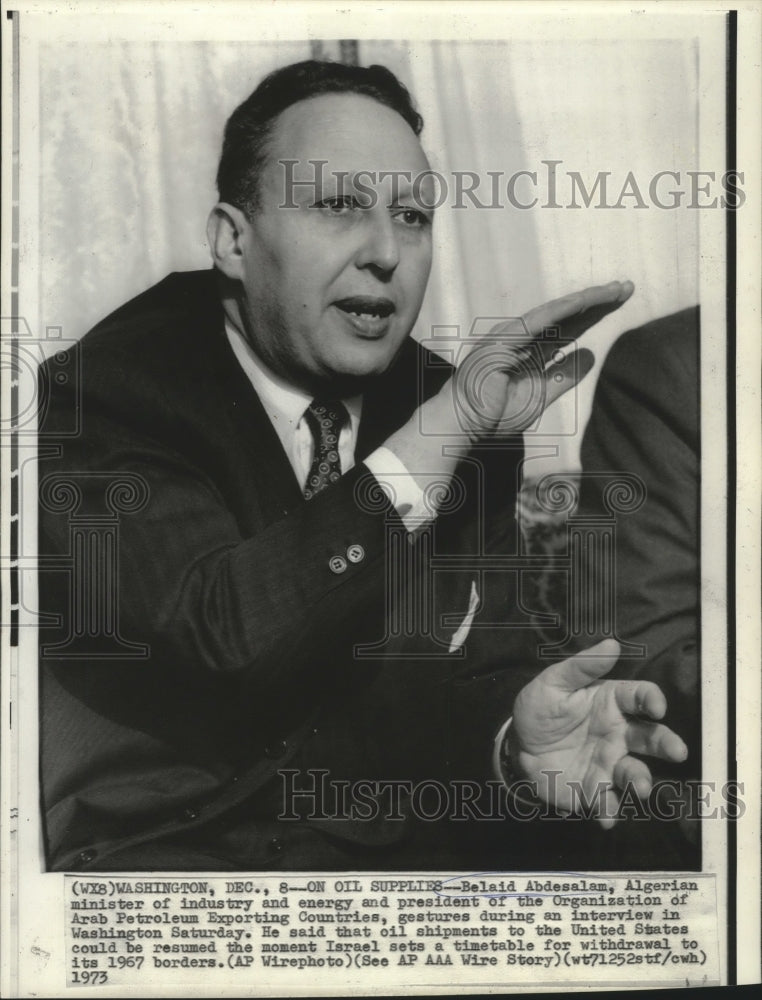 Load image into Gallery viewer, 1973 Press Photo Belaid Abdesalam of Algeria gestures at interview in Washington
