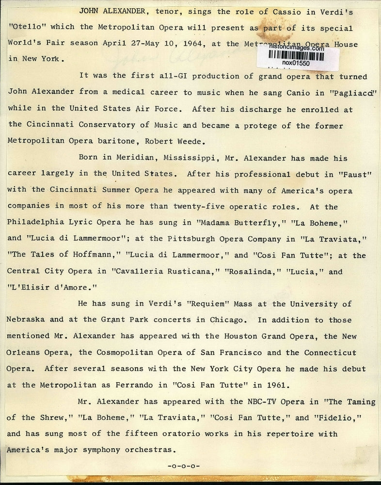 1964 Press Photo John Alexander, tenor singer, headshot - nox01550