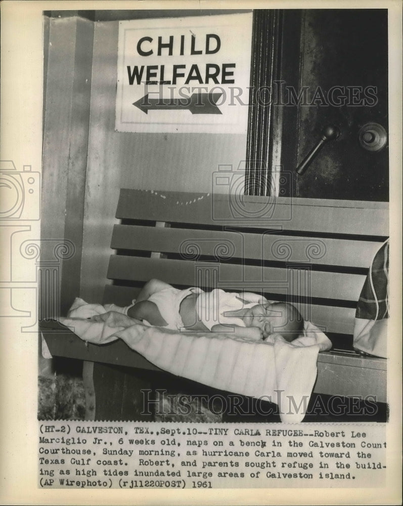 1961 Press Photo Hurricane Carla - Robert Lee Marciglio Jr. in Galveston, Texas.