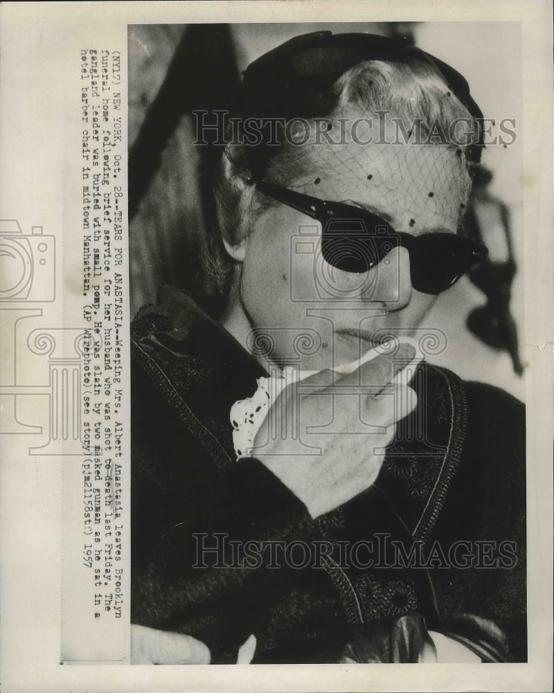 1957 Press Photo Mrs. Albert Anastasia Leaves Funeral of Slain Husband- Historic Images