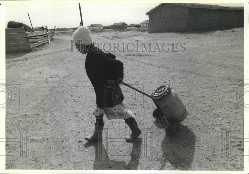 Load image into Gallery viewer, 1991 Press Photo A young woman pulls a water cart in Dzhalanadzh, U.S.S.R.
