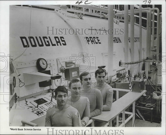1968 Press Photo Volunteer Junior Astronauts line up at the Douglas Space Cabin.