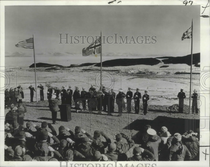 Load image into Gallery viewer, 1966 Press Photo Flag Raising Ceremony at McMurdo Station in Antarctica
