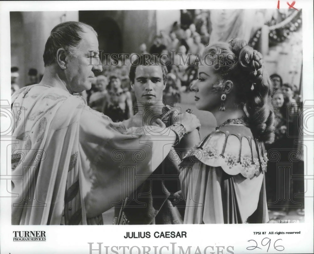 1989 Press Photo Louis Calbern, Marlon Brando &amp; Greer Garson in Julius Caesar- Historic Images