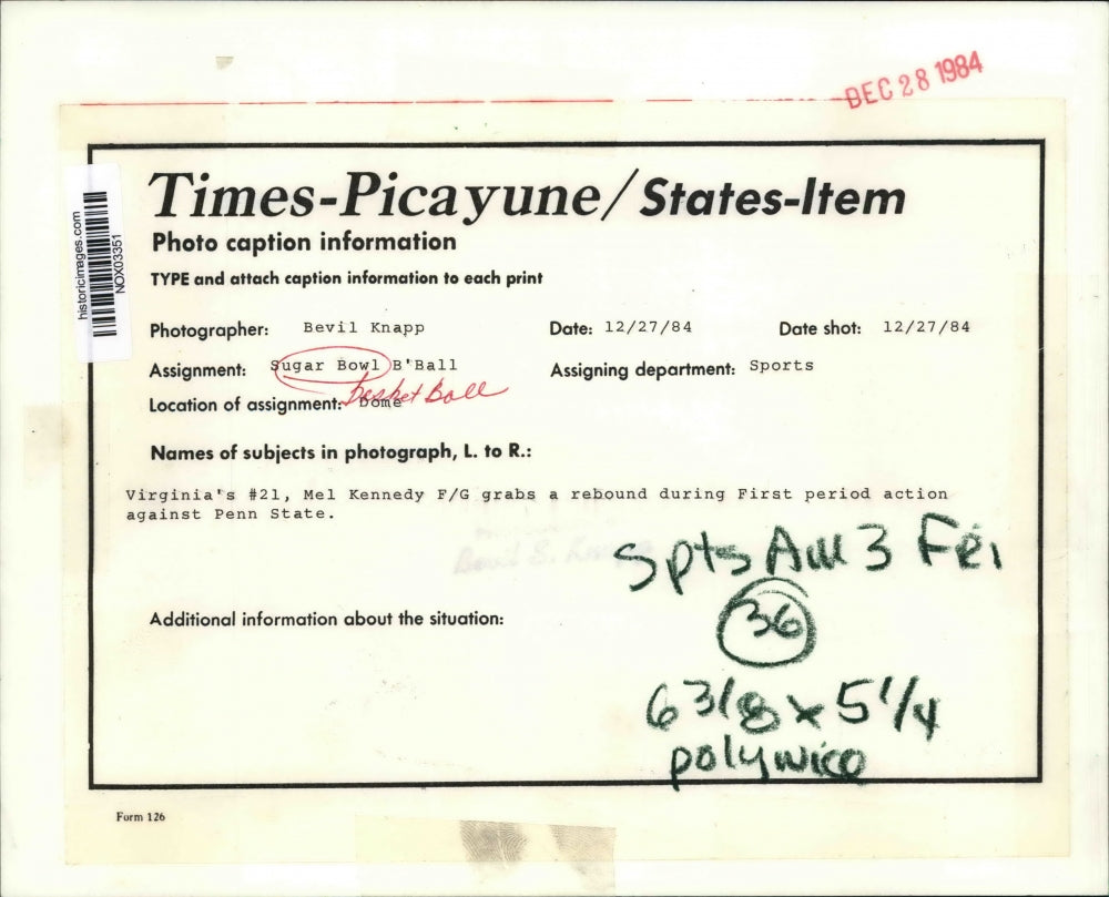 1984 Press Photo Sugar Bowl Basketball-Mel Kennedy grabs rebound vs. Penn State