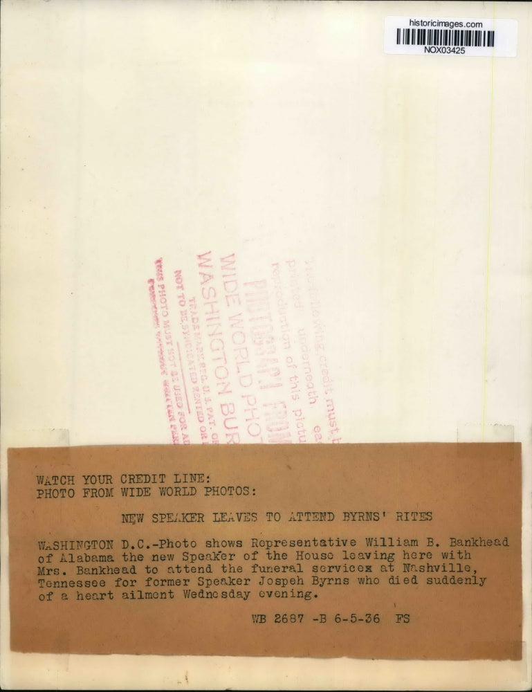 1936 Press Photo Rep. William Bankhead, named new Speaker of the house.