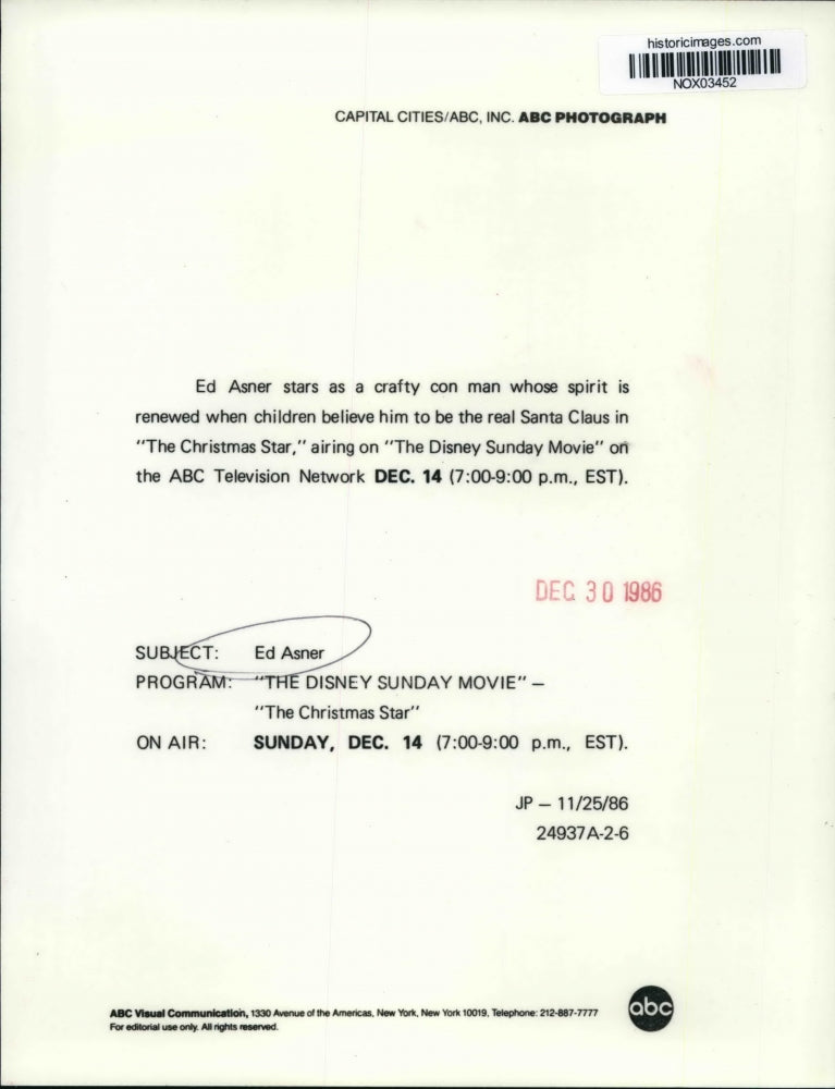 1986 Press Photo Ed Asner stars in The Christmas Star, on ABC. - nox03452