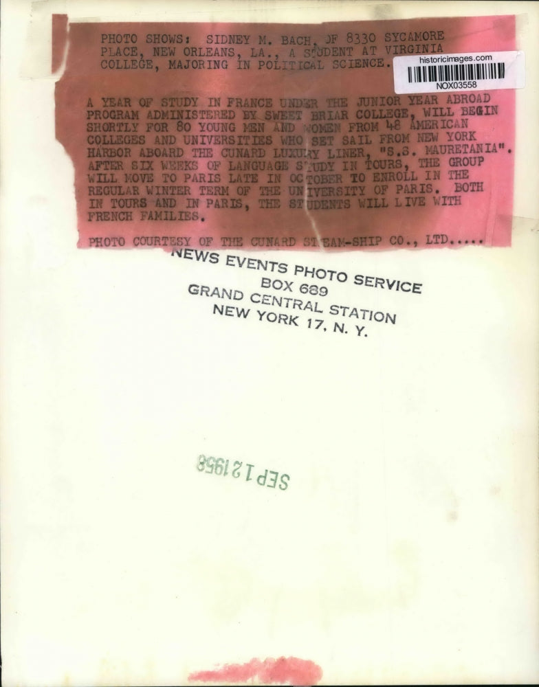 1958 Press Photo Sidney M. Bach, student at Virginia College, on SS Mauretania.