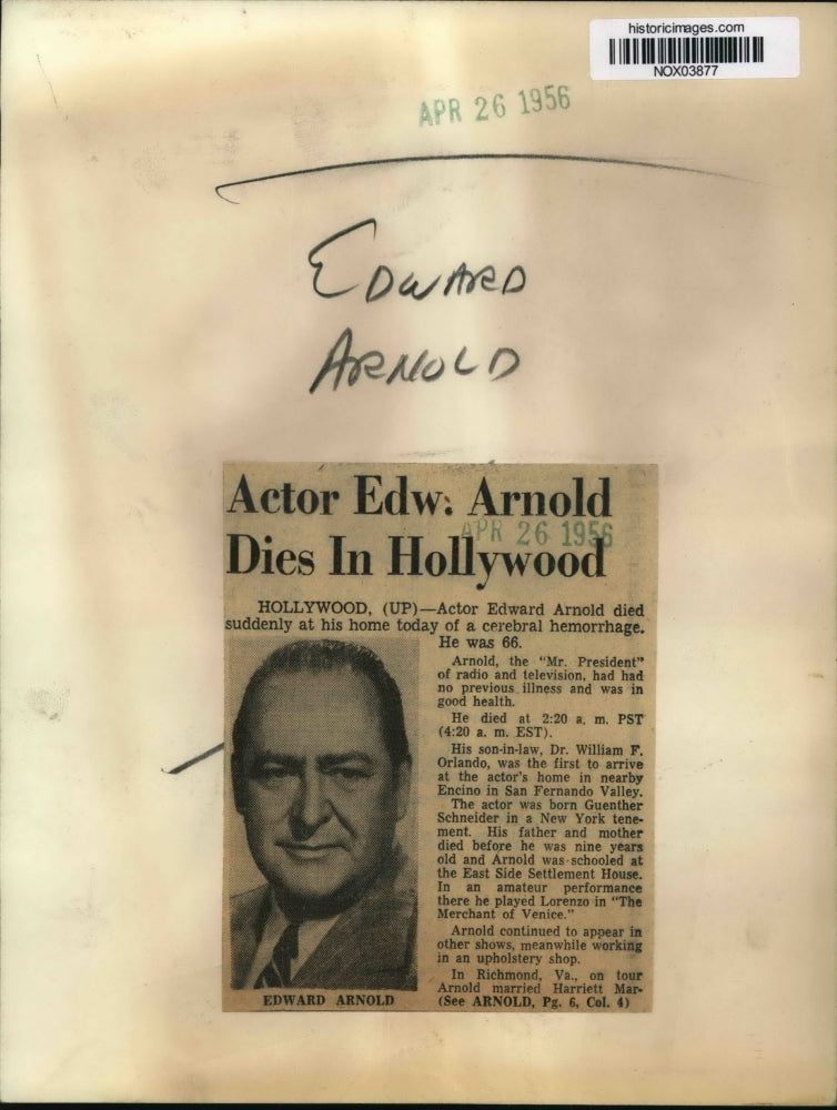 Load image into Gallery viewer, 1956 Press Photo Actor Edward Arnold dies in Hollywood of a cerebral hemorrhage.
