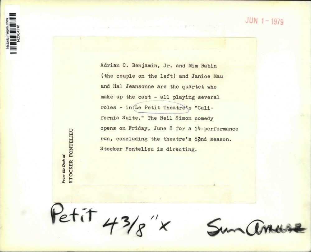 1979 Press Photo Actors Adrian Bejamin Jr., Mim Babin, Janice Mau, Hal Jeansonne