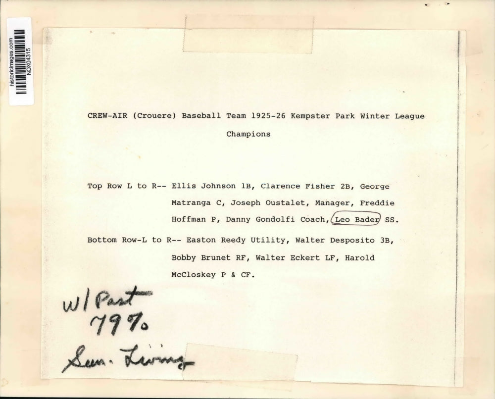 1925 Press Photo Crew-Air Baseball Team 1925-26 Kempster Park Winter League