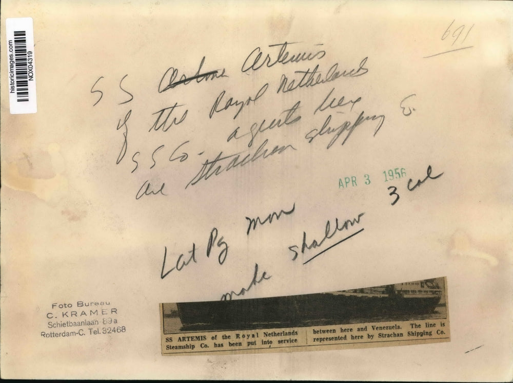 1956 Press Photo The SS Artemis of the Royal Netherlands Steamship Co.