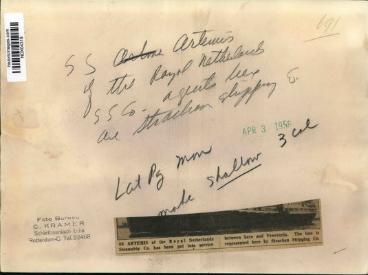 1956 Press Photo The SS Artemis of the Royal Netherlands Steamship Co.