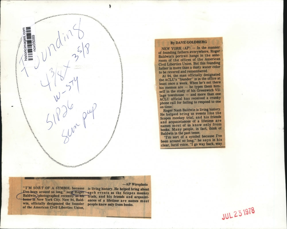 1978 Press Photo Roger Baldwin, founder of the American Civil Liberties ...