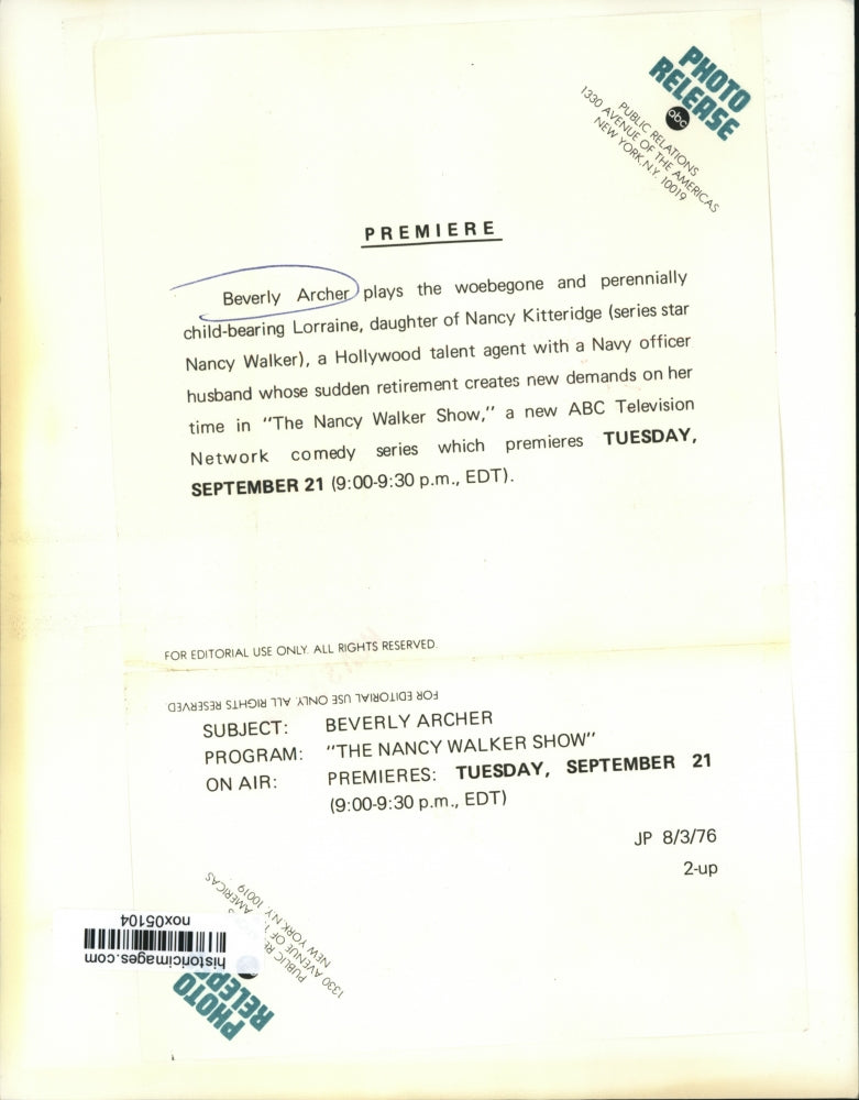 1976 Press Photo Beverly Archer Plays Lorraine in The Nancy Walker Show